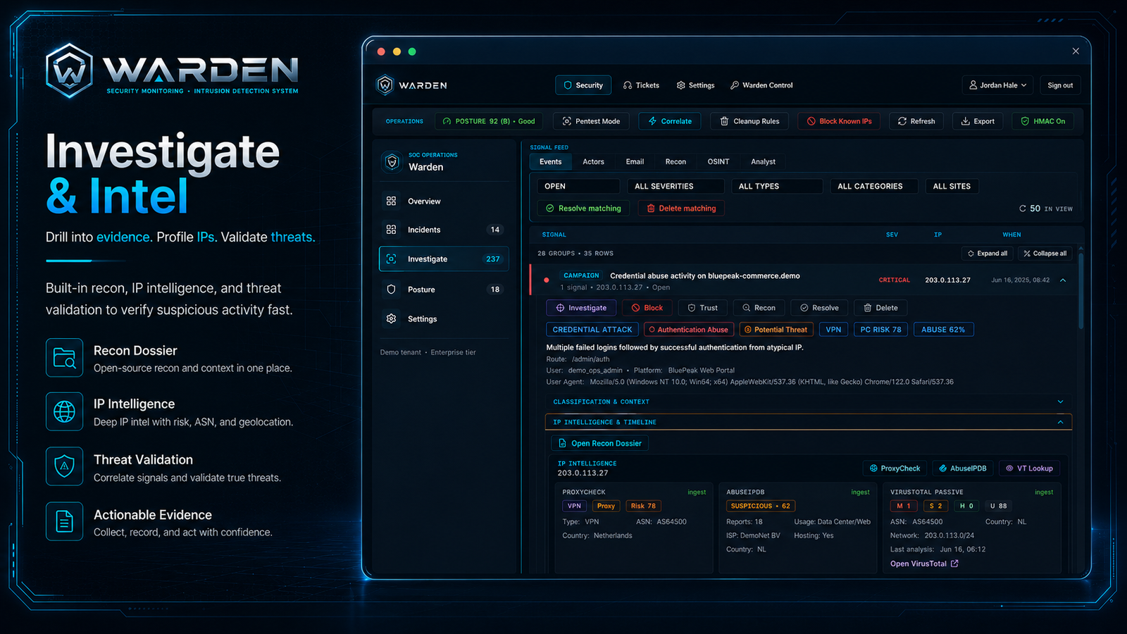 Warden Investigate and Intel — signal feed and IP intelligence